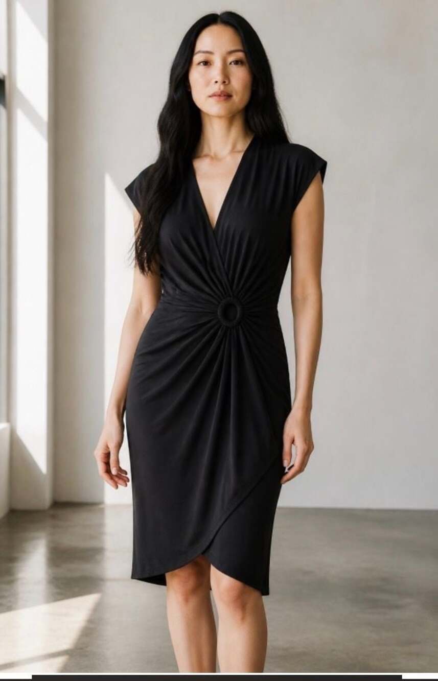 Tommy Bahama Women's Black V-Neck Cap Sleeve Ring-Detail Draped Sheath Dress Siz